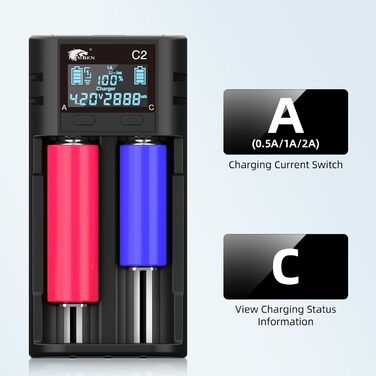 Зарядний пристрій IMREN 18650, інтелектуальний зарядний пристрій з РК-дисплеєм 26650 21700, швидкий зарядний пристрій 2A для акумуляторів 18650 3.7V Li-ION 18650 21700 20700 1.2V Ni-MH Ni-CD AA AAA C (з USB-C) C2