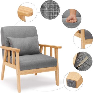 Крісло Mondeer з льону, каркас з масиву дерева, ретро-стиль з подушками для спальні, вітальні, балкону, офісу, темно-сіре, 64 Г x 64 Ш x 73 В см, 1 місце, темно-сіре
