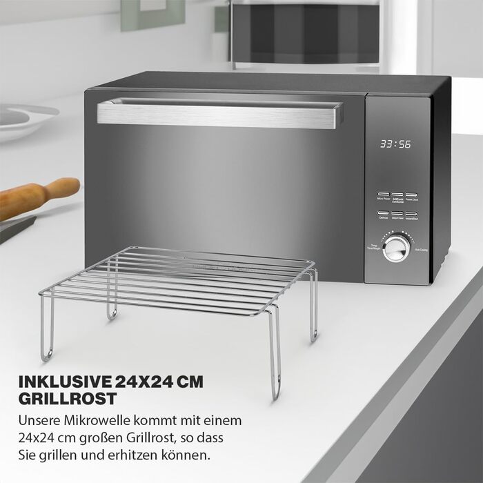 Мікрохвильова піч ProfiCook з грилем Мікрохвильова піч з великою варильною камерою на 23 літри Мікрохвильова піч без поворотного столу Мікрохвильова піч 1000 Вт Потужність гриля Двері дзеркала з вертикальним відкриванням PC-MWG 1204 чорний