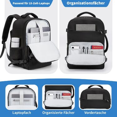 Для ручної поклажі Ryanair 40x30x20, рюкзак для подорожей з ручною поклажею об&39ємом 24 л для чоловіків та жінок, рюкзак для ноутбука 15 дюймів, сумка для ручної поклажі, невеликий рюкзак для літака 40x30x20 Eurowings, чорний