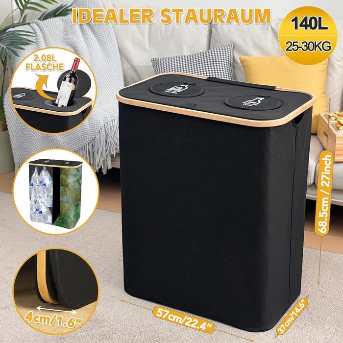 Контейнер для депозитних пляшок 2 відділення, депозитний контейнер 140 л, контейнер для порожніх пляшок і скла з отвором вкл. 2 мі