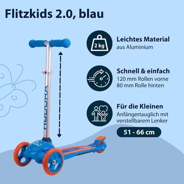 Дитячий триколісний самокат HUDORA Flitzkids 2.0 міцний, з широкою платформою та регулюванням висоти, до 50 кг, алюміній, синій