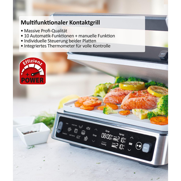 Електрогриль Genius Chef з корпусом із нержавіючої сталі для стейків та сендвічів, знімні панелі, набір 6 предметів, сірий