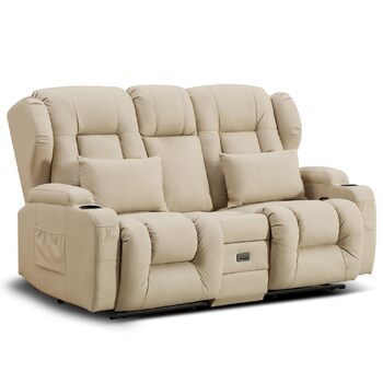 Двомісний диван з функцією сну, крісло-рекордер для телевізора з функцією відкидання спинки, сидіння для домашнього кінотеатру з консоллю, підсклянник, шухляда, розетка, бежевий