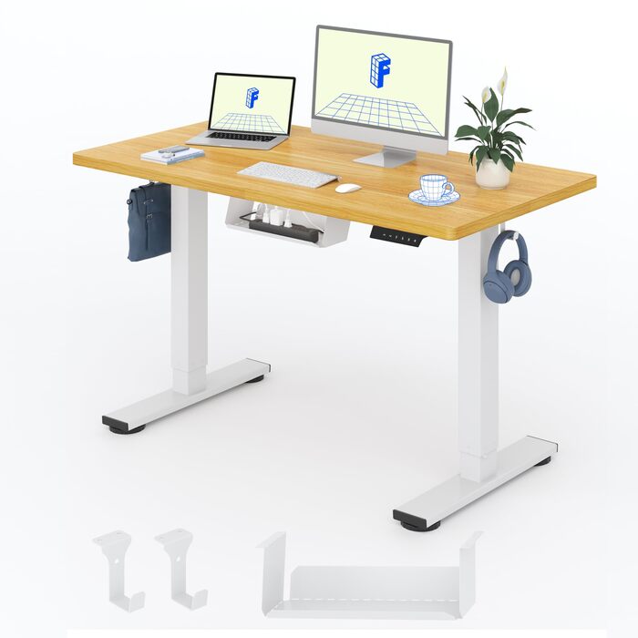 Стіл FlexiSpot з регульованою висотою Basic з організацією кабелів, гачками та цільною стільницею, ергономічний стіл для домашнього офісу, офісний стіл (120x60 см, клен) 120 x 60 см клен біла рама