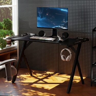 Ігровий стіл Froadp зі світлодіодним освітленням, комп&39ютерний стіл, ігровий стіл з підсклянником та гачком для навушників, ергономічний ігровий стіл, сучасний ПК-стіл з МДФ та сталі, чорний, 160x60x75 см