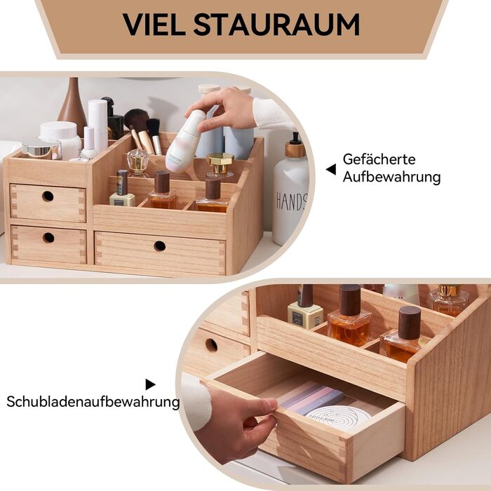 Дерев&39яний органайзер для макіяжу Шафа для зберігання Настільний косметичний органайзер Коробка для зберігання ювелірних виробів 8 відділень Коробка для демонстрації макіяжу з 3 ящиками натурального кольору