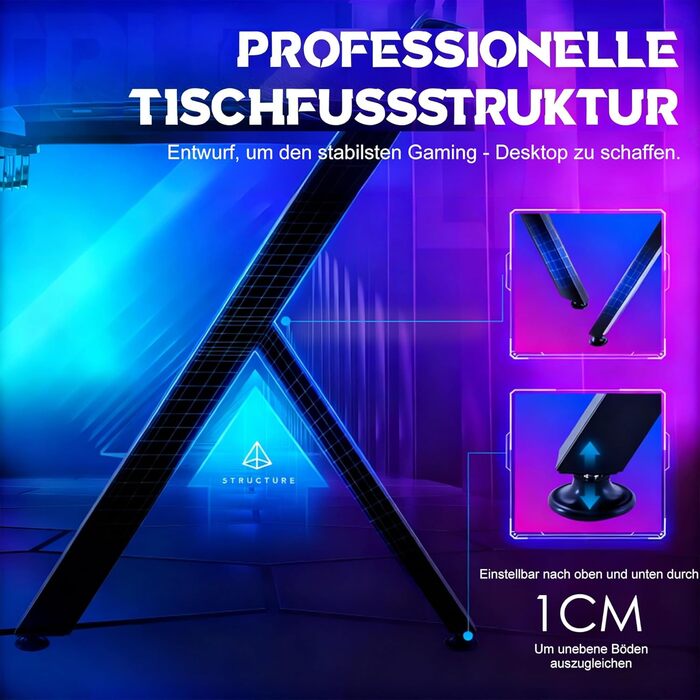 Ігровий стіл зі світлодіодним підсвічуванням та вуглецевим волокном, ергономічний комп&39ютерний стіл з RGB-підсвічуванням, ігровий стіл з Y-подібними ніжками, ПК-стіл з тримачем для навушників - чорний, 120x60x75 см