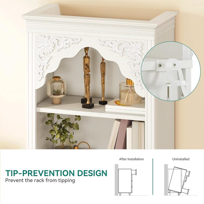 Рівнева вінтажна книжкова полиця з різьбленим дизайном, відкрите сховище для вітрин - ідеально підходить для вітальні, спальні, кабінету та офісу, біла, 140 см, 4-