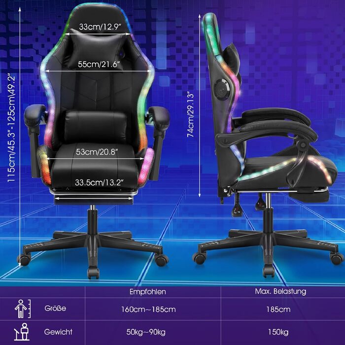 Ергономічне ігрове крісло з динаміками та світлодіодним освітленням, регульоване комп&39ютерне крісло з підставкою для ніг, підголівником та підлокітниками, крісло зі штучної шкіри для офісу та дому, чорне