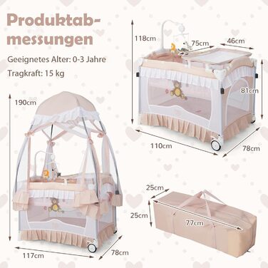 Дитяче ліжечко DREAMADE 5-в-1 для подорожей з матрацом та балдахіном, складне дитяче ліжечко на колесах, пеленальний столик та манеж, приліжкове ліжечко з музичною скринькою та підвісними іграшками, для новонароджених 0-36 місяців (рожеве)