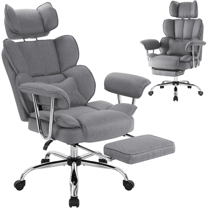 Ергономічне офісне крісло IWMH з підставкою для ніг та поперековою опорою, крісло керівника 200 кг XXL, обертове крісло з підлокітниками та підголівником, тканина з регульованою висотою (сірий колір)