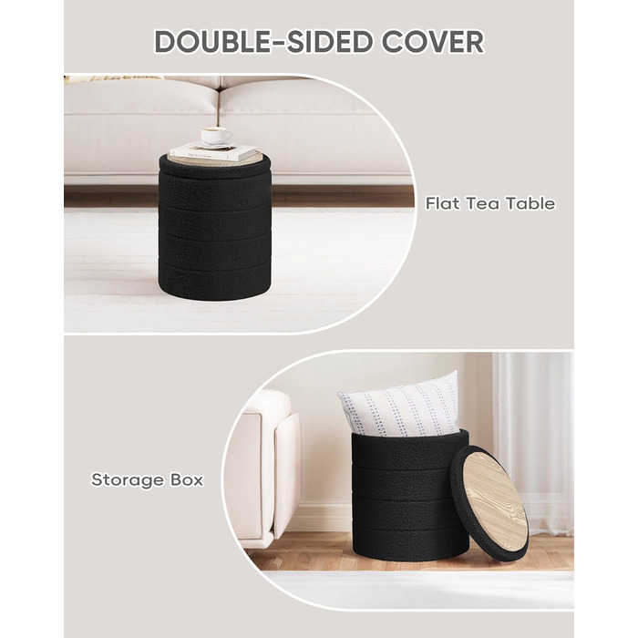 Табурет PINPLUS з місцем для зберігання, кругла коробка для зберігання з кришкою, складна підставка для ніг, м&39який табурет з місцем для зберігання Ø 37x45 см для вітальні, спальні та коридору, чорний 37Г x 37Ш x 45В см