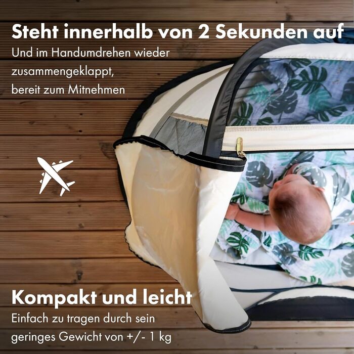 Кемпінгове ліжко Deryan BabyBox - легке, компактне та складне - розкладається всього за 2 секунди - 50 захист від ультрафіолету - вогнестійка тканина - в комплекті килимок для сну, москітна сітка та сумка для перенесення - кремовий