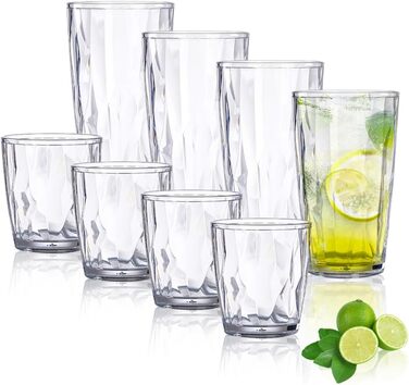 Набір склянок для води TIE-DailyNec 8 PCS, різнокольорові пластикові склянки для пиття 470 мл та 310 мл, небиткі склянки для пиття