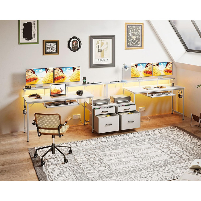 Ігровий стіл Coleshome зі світлодіодним освітленням, 140x48 см, стіл з тканинними шухлядами, комп&39ютерний стіл з 2 розетками та 2 USB-портами, ігровий стіл з підставкою для монітора для домашнього офісу, білий 140x48 см