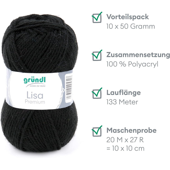 Пряжа Grndl Lisa Premium Uni Knitting & Crochet Yarn (м'яка і схожа на шерсть, проста в догляді миється трикотажна пряжа з 100 поліакрилу, 50 г/ 133 м, розмір голки 3,5 - 4,5, 10 клубків по 50 г кожен), (чорний)