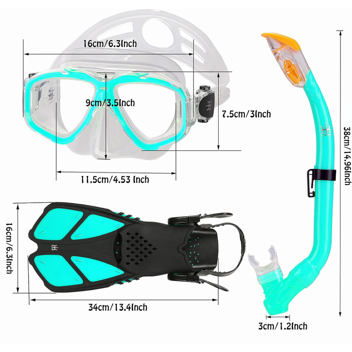 Дитячий комплект для підводного плавання з ластами, панорамна маска для дайвінгу з широким оглядом 180, регульовані ласти, високоякісна маска для підводного плавання та трубка сухого типу, колір аквамариновий