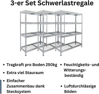 Посилений стелаж Rivet, комплект з 3 шт. , зі сталевими сітчастими полицями, 180 x 120 x 45 см (В x Ш x Г), вантажопідйомність 250 кг на полицю, оцинкований. Безболтовий стелаж, металевий стелаж, стелаж для підвалу, стелаж для зберігання, стелаж для майст