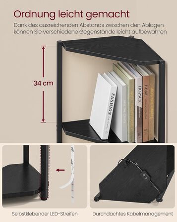 Кутова полиця VASAGLE з 5 полицями, книжкова полиця з регульованим світлодіодним освітленням, сталевий каркас, 24,8 x 48 x 146,6 см, для вітальні, спальні, кабінету, чорний колір Ebony LBC590B02