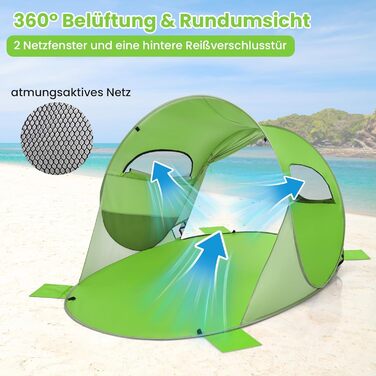 Пляжний намет GOPLUS, розкладний пляжний намет для 3-4 осіб, намет, що кидається, з сонцезахисним тентом та вітрозахисним захистом, легкий та портативний з сумкою для перенесення, сонцезахисний намет для сімей, пляжу, кемпінгу, газону, саду (зелений)