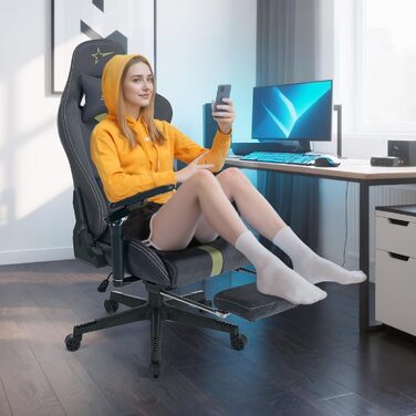 Ергономічне ігрове крісло з регульованими підлокітниками 6D - штучна шкіра, ігрове крісло для ПК з підставкою для ніг, дихаюче ігрове крісло з кутом нахилу 90-155, сіро-зелена штучна замша - зелені нейлонові ніжки