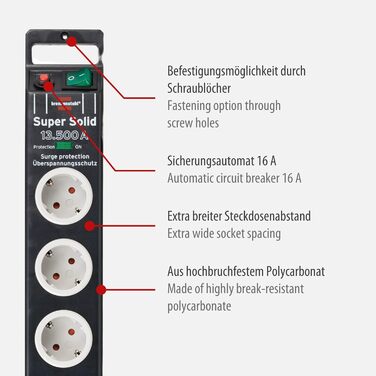 Розетка 8-місна з захистом від перенапруги (розетка з кабелем 2,5 м і вимикачем, розетка з ударостійкого полікарбонату) чорна/сіра