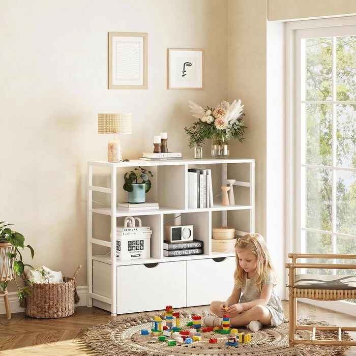 Книжкова полиця Dripex з 2 шухлядами, книжкова шафа з 7 відділеннями з дерева та металевого каркасу, окремостояча кубічна полиця для спальні, вітальні, кабінету, офісу, 33 x 100 x 90 см, біла