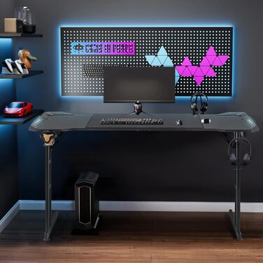 Ігровий стіл HENGMEI, ігровий стіл, комп&39ютерний стіл з підставкою для склянок, гачком для навушників, Z-подібний ПК-стіл, ігровий стіл для домашнього офісу, кутовий стіл, 140 x 60 см, тип B зі світлодіодним підсвічуванням, 140x60x75 см тип B зі світлод