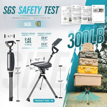 Стілець TA-Da серії 2 PRO - Тростина з сидінням, легка алюмінієва рама та міцний складний стілець (до 136 кг), складна конструкція, ідеально підходить для походів та активного відпочинку, регульована висота, чорний