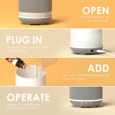 Аромадифузор SALKING, сірий керамічний дифузор для ефірних олій, ароматерапевтичний дифузор без бісфенолу А з регульованим режимом туману, ароматична лампа з автоматичним вимкненням для домашнього офісу йоги 150 мл