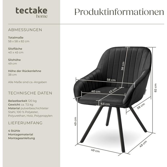 Обідні стільці tectake з підлокітниками, ергономічне крісло-обшивка з оббивкою з стьобаного оксамиту, обертові стільці для вітальні, обіднього столу, кабінету, туалетного столика, кухонних стільців - комплект з 4 шт. , чорний