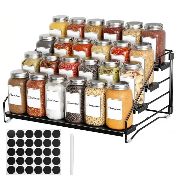 Рівнева підставка для спецій, не потребує свердління, металевий органайзер для спецій з етикетками та ручкою, регульована по висоті підставка для спецій для кухні, шафи, ванної кімнати, 4-