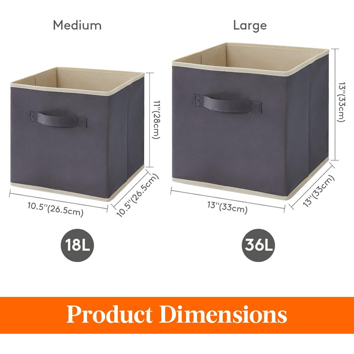 Коробка для зберігання Lifewit Fabric, складні куби для зберігання об&39ємом 36 л, органайзери з нетканого матеріалу з ручкою для полиць-кубів, вставка для полиць, 6 шт. , 33x33x33 см, сірий