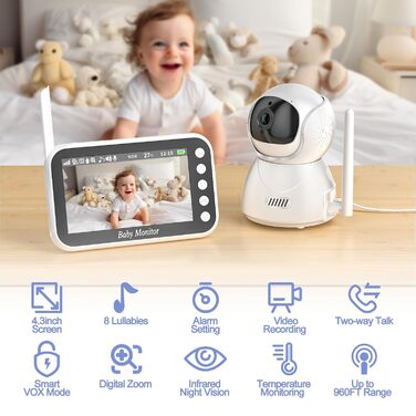 Радіоняня з камерою 4,3-дюймовий відеомонітор 720p 2000mah Батарея Відеозапис Цифрове збільшення Двостороннє аудіо Режим VOX Нічне