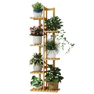 Підставка для рослин Bamworld, підставка для квітів, бамбукова полиця для рослин, кімнатна полиця для квітів, невелика металева підставка для квітів для тераси, саду, балкона, вітальні, спальні (6 ярусів), бамбук, 6 ярусів