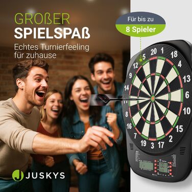 Електронна мішень для дартсу Juskys з 32 іграми та 359 варіаціями, РК-дисплеєм, USB-C, дартсами та аксесуарами, до 8 гравців, живлення від мережі та від батарейок