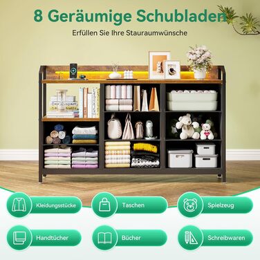 Комод ODK, шафа з шухлядами та світлодіодною стрічкою (10 регульованих кольорів), 2 розетки USB та 2 розетки змінного струму, 8 тканинних шухляд, комод для вітальні/спальні, 110*30*88 см, вінтажний