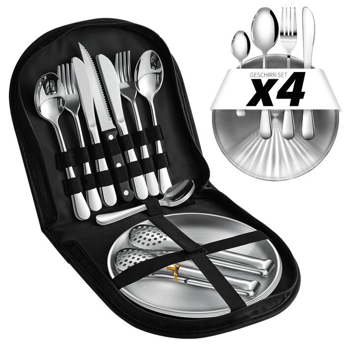 Предметний набір посуду для кемпінгу на 4 особи Набір столових приборів з виделками, ножами та ложками з нержавіючої сталі Портативні столові прибори для активного відпочинку, пікніків та барбекю. (Включає 4 чайні ложки) (Полегшена версія) Полегшена версі