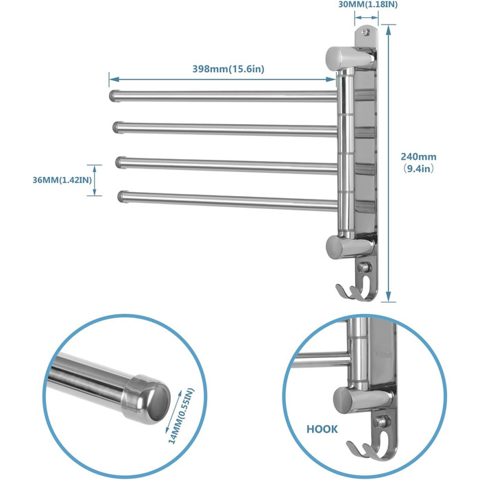 Рушникосушка JSVER з нержавіючої сталі 40 см, поворот на 180 з 4-ма поворотними ручками з гачками, що економить простір для ванної