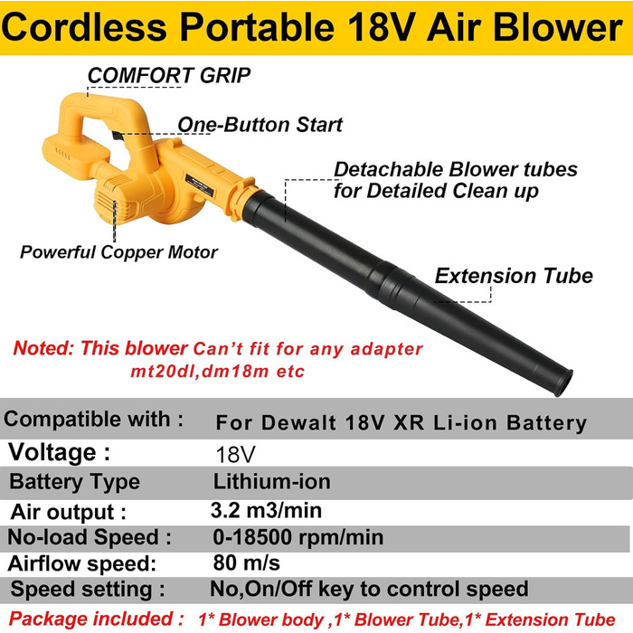 Акумуляторна повітродувка/повітродувка для листя Powarobor для акумуляторів Dewalt 18 В, компактна повітродувка для догляду за газоном, видування листя, прибирання патіо та гаража (лише пристрій, без акумулятора та зарядного пристрою)