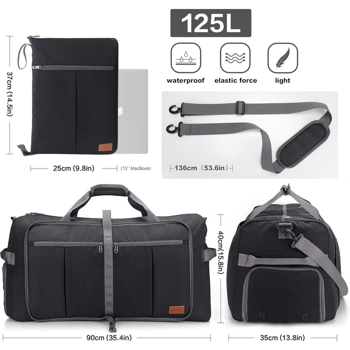 Складана дорожня сумка Upeelife, велика дорожня сумка для жінок та чоловіків, спортивна сумка, водонепроникна, сумка на вихідні з відділенням для взуття та вологою кишенею, темно-чорна, 125 л, сучасна