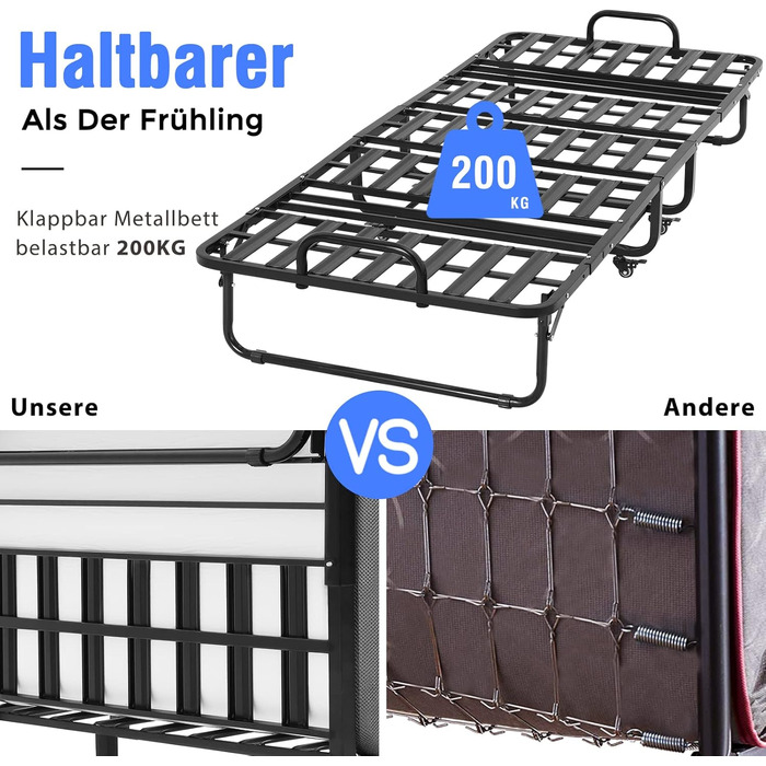 Розкладне ліжко DICTAC 90x200 см для дорослих з матрацом з піни з ефектом пам&39яті приблизно 13 см Гостьове ліжко Розкладне металеве каркасне розкладне ліжко з колесами Дорожнє ліжко Розкладне металеве ліжко Стабільне навантаження до 200 кг Розкладне ліж