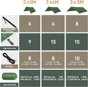 Водонепроникний, надлегкий кемпінговий тент VOSOIR Tarp 3x4M, з 15 люверсами 6 алюмінієвих кілочків 8 нейлонових мотузок, захист від снігу та дощу, легкий компактний для кемпінгу з гамаком, пікніка, піших прогулянок світло-зелений