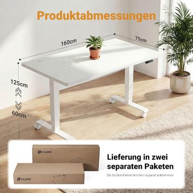 Стіл Claiks з регульованою висотою 16075 см, з 2 електродвигунами, товщиною стільниці 25 мм, вантажопідйомність 130 кг, стіл з регульованою висотою, 3-функціональною пам&39яттю та 4 тихими колесами, білий 160 x 75 см