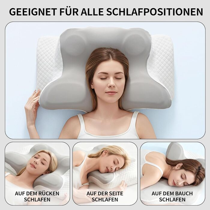 Ергономічна подушка для шиї з піни з ефектом пам&39яті ортопедична подушка зі знімним чохлом, ідеально підходить для сну на спині, боці та животі (світло-сіра)