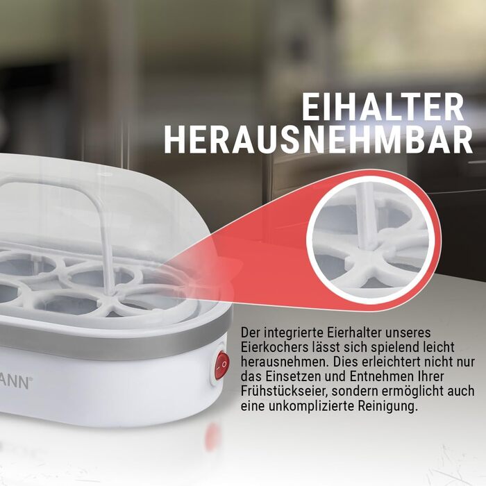 Яйцеварка Bomann на 6 яєць Яйцеварка з антипригарним покриттям Яйцеварка із звуковим сигналом Електрична яйцеварка з тримачем для