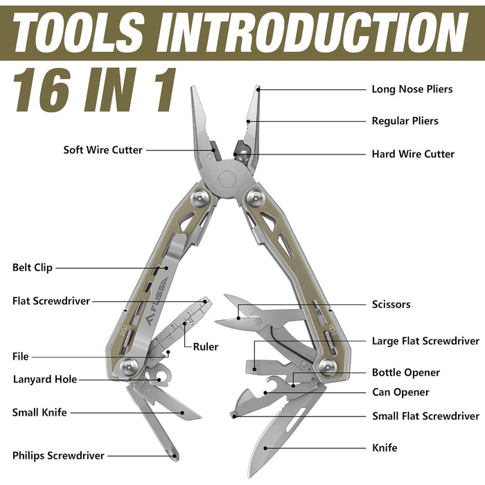 Багатофункціональні кусачки FLISSA 16 в 1, складний багатофункціональний інструмент, багатофункціональний інструмент з нержавіючої сталі з ножем, ножицями, напилком, відкривачкою для пляшок для кемпінгу, відкритий, ремонтний, з сумкою для транспортування,