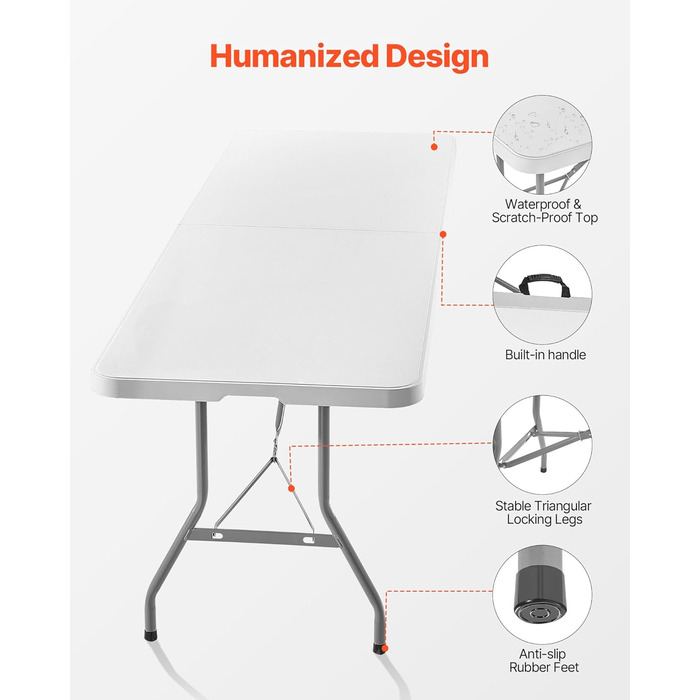Розкладний фуршетний стіл VEVOR, портативний універсальний стіл, 244 см, прямокутний пластиковий стіл (для 6-8 осіб) з інтегрованою ручкою, садовий стіл, кемпінговий стіл для вечірок, пікніків, кемпінгу, білий