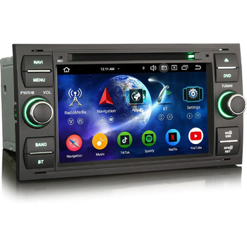 Автомобільний радіоприймач Erisin Android 14 4 ГБ ОЗП 64 ГБ ПЗУ 8-ядерний DVD GPS-навігація для Ford C-Max S-Max Focus Galaxy Kuga Connect Fiesta Transit 7-дюймовий сенсорний екран CarPlay Android Auto DABWiFi 4G Bluetooth 5.0 DSP OBD2 Чорний, з CD/DVD-пр